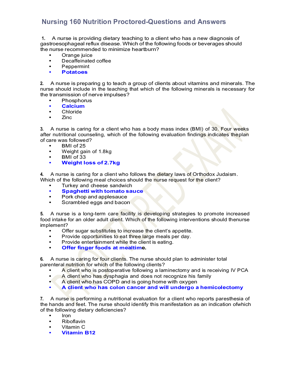 Preview of Nursing 160 Nutrition Proctored-Questions and Answers